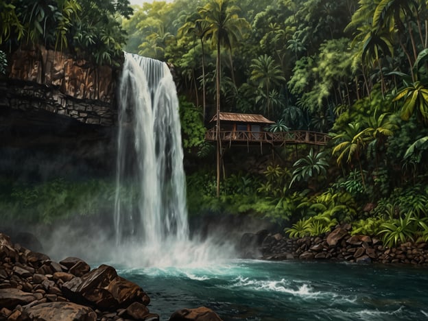 Auf dem Bild ist eine malerische Landschaft mit einem majestätischen Wasserfall zu sehen, umgeben von üppiger, grüner Vegetation. Diese Szene symbolisiert die Schönheit und Vielfalt der Natur, die geschützt und bewahrt werden muss. Der Wasserfall und das klare Wasser stehen für die lebensspendenden Ressourcen unseres Planeten, die zunehmend bedroht sind.Der Holzbau, der am Hang steht, könnte als Rückzugsort in der Natur dienen, verstärkt jedoch auch die Verantwortung des Menschen, im Einklang mit der Umwelt zu leben. Umweltbewusstsein und Naturschutz sind entscheidend, um solche einzigartigen Naturschauplätze für zukünftige Generationen zu erhalten. Dieses Bild erinnert uns daran, die natürlichen Habitate zu schützen und nachhaltige Praktiken zu fördern, damit die Schönheit der Natur weiterhin erblühen kann.