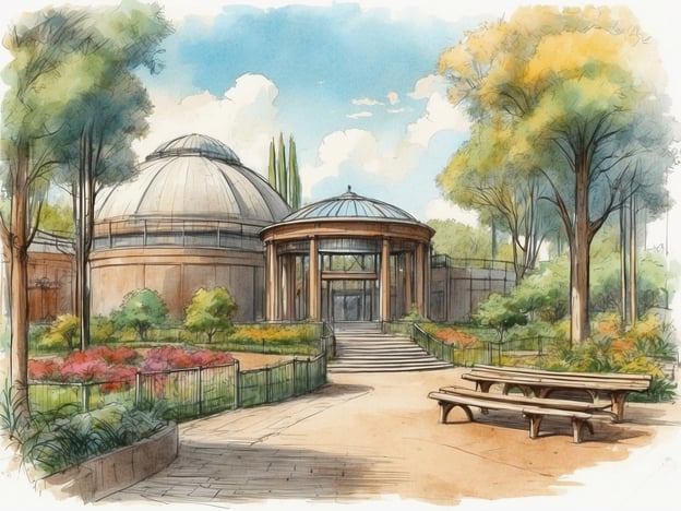 Auf dem Bild ist eine künstlerische Darstellung eines zoologischen Gartens zu sehen, die eine einladende Umgebung mit großen Gebäuden und grüner Landschaft zeigt. Diese Art von Architektur könnte an den zoologischen Garten in Magdeburg erinnern, der für seine architektonischen Elemente und ruhigen Gartenanlagen bekannt ist.Der Zoologische Garten Magdeburg wurde 1950 eröffnet und ist Heimat vieler Tierarten. Er bietet Besuchern eine Möglichkeit, mehr über die Tierwelt zu lernen und gleichzeitig eine entspannende Zeit im Freien zu verbringen. Die Kombination aus modernen Gehegen und historischen Elementen macht ihn zu einem interessanten Ort für Familien und Tierliebhaber. Die Grünflächen und Wege im Bild fördern zudem die Verbindung zur Natur, die im Magdeburger Zoo ebenfalls einen wichtigen Platz einnimmt.