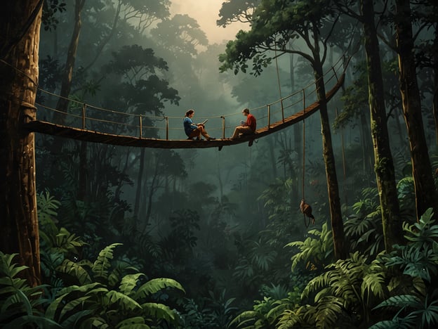Auf dem Bild sehen wir zwei Personen, die auf einer Hängebrücke im Nebelwald sitzen. Diese beeindruckende Umgebung bietet eine Vielzahl von Aktivitäten und Erlebnissen. Man könnte beispielsweise die Vielfalt der Flora und Fauna erkunden, während man entlang der Brücke wandert.Die dichten Bäume und das dämpfende Licht schaffen eine faszinierende Atmosphäre für Naturwanderungen. Es gibt die Möglichkeit, Vögel zu beobachten, die durch den Nebel fliegen, oder zusammen mit einem lokalen Führer die Geheimnisse des Waldes zu entdecken. Zudem könnte man das Zusammenspiel von Licht und Schatten genießen, während man entspannende Momente des Nachdenkens oder der kreativen Inspiration erlebt. Auch das Fotografieren der atemberaubenden Landschaft ist eine beliebte Aktivität für Naturfreunde.