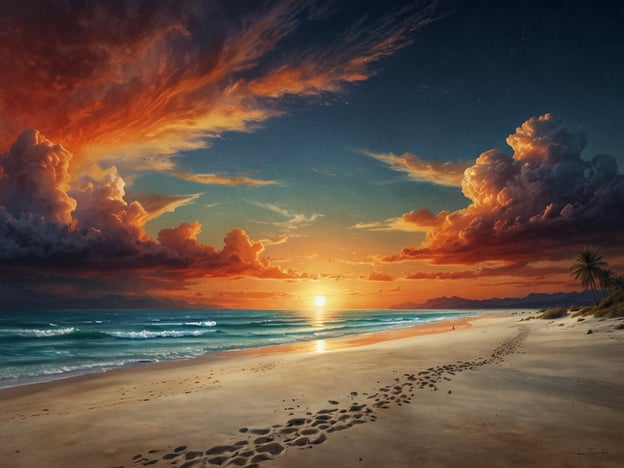 Auf dem Bild ist ein traumhafter Strand bei Sonnenuntergang zu sehen. Das Wasser ist ruhig und glitzert in verschiedenen Blautönen, während der Himmel mit beeindruckenden Wolkenformationen in warmen Farben erleuchtet wird. Die Fußspuren im Sand zeugen von einem entspannten Tag am Meer.Dieser Ort könnte zu den besten Stränden für unvergessliche Tage zählen, perfekt für Erholung, Spaziergänge und das Genießen der Natur.