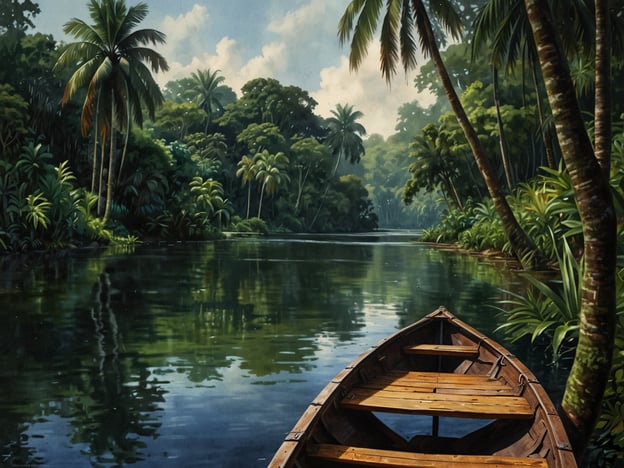 Auf dem Bild sieht man eine malerische, ruhige Szene, die an die Gewässer im Tortuguero Nationalpark in Costa Rica erinnert. Man könnte sich vorstellen, mit einem Boot durch die üppige, grüne Vegetation zu gleiten, umgeben von hohen Palmen und dichten Wäldern.Im Tortuguero Nationalpark kann man unglaubliche Tierbeobachtungen machen, wie etwa das Spotten von Kaimanen, verschiedenen Vogelarten und sogar Meeresschildkröten während der Nestzeit. Eine Kanufahrt durch die Kanäle ist ein beliebtes Erlebnis, das es ermöglicht, die faszinierende Flora und Fauna aus nächster Nähe zu erleben.Man könnte auch eine geführte Wanderung unternehmen, um mehr über die einzigartigen Ökosysteme und die Biodiversität des Parks zu lernen. Das Gefühl der Ruhe und Abgeschiedenheit, kombiniert mit den Geräuschen des Dschungels, macht einen Besuch im Tortuguero Nationalpark zu einem unvergesslichen Erlebnis.