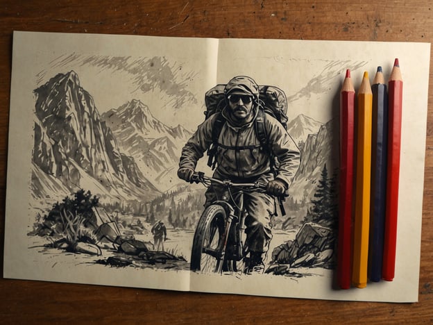 Auf dem Bild sieht man einen Abenteurer, der auf einem Mountainbike durch eine beeindruckende Berglandschaft fährt. Um ihn herum erheben sich majestätische Berge, und die Umgebung wirkt wild und unberührt.Für abenteuerlustige Menschen könnten Aktivitäten wie Mountainbiking, Wanderungen in den Bergen, Camping in der Natur oder sogar Abenteuerreisen in entlegene Gebiete spannend sein. Man könnte auch überlegen, wie man diese Erlebnisse in einem Skizzenbuch festhalten könnte, wie im Bild angedeutet, vielleicht mit den bunten Stiften, die daneben liegen.