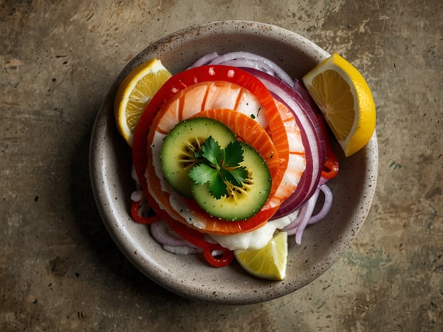 Auf dem Bild ist eine appetitliche Schüssel mit frischem Fisch zu sehen, die typischerweise für eine asiatische Küche steht, möglicherweise für eine Sashimi- oder Poké-Variante. Die farbenfrohen Scheiben von Lachs und anderen Fischen sind kunstvoll geschichtet und werden ergänzt durch frisches Gemüse wie Gurken und Paprika.Als kulinarisches Highlight wäre in diesem Zusammenhang die japanische Küche zu erwähnen, die bekannt ist für ihre frischen und qualitativ hochwertigen Fische. Auch die Verwendung von Zitrone und Kräutern, wie Koriander, sorgt für eine erfrischende Note. Solch ein Gericht spiegelt die lokale Spezialität wider, in Regionen, in denen frische Meeresfrüchte eine wichtige Rolle in der Ernährung spielen, wie zum Beispiel in Küstenstädten Japans oder Hawaiis.