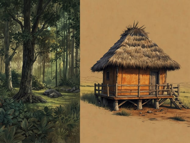 Auf dem Bild sind zwei verschiedene Szenen zu sehen. Links ist eine üppige, grüne Waldlandschaft dargestellt, die eine Vielzahl von Pflanzen und Bäumen zeigt. Rechts sieht man eine kleine, ländliche Hütte, die auf Stelzen steht und ein Strohdach hat.Diese Darstellungen können mit dem Thema nachhaltiger Tourismus in Guanacaste in Verbindung gebracht werden. In dieser Region Costa Ricas ist die Natur beeindruckend und bietet zahlreiche Möglichkeiten für umweltfreundliche Aktivitäten. Die hügelige Landschaft und die erhaltenen Wälder ermöglichen es Besuchern, die lokale Flora und Fauna zu erkunden und gleichzeitig verantwortungsbewusst mit den Ressourcen umzugehen. Unterkünfte wie die abgebildete Hütte könnten Teil eines Ökotourismus-Konzepts sein, das nachhaltig wirtschaftet und den Schutz der Natur fördert.
