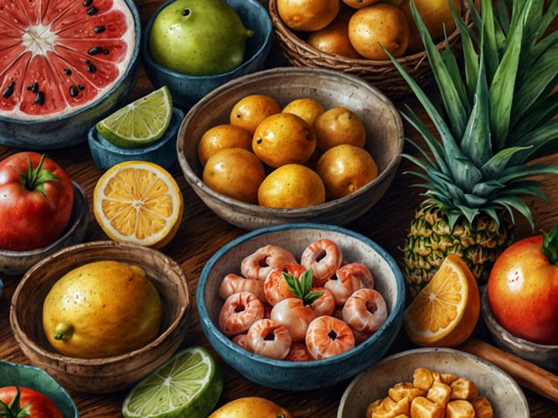 Auf dem Bild sind verschiedene frische Früchte und Meeresfrüchte zu sehen, die eine bunte und einladende Anordnung bilden. Zu den kulinarischen Höhepunkten gehören:- **Tropische Früchte**: Ananas, Wassermelone, Äpfel, Zitronen, Limetten und Orangen sind gut platziert und bieten eine Vielzahl von Geschmäckern.- **Meeresfrüchte**: Kleinere Garnelen sind ebenfalls abgebildet und könnten für ein köstliches Gericht genutzt werden.- **Zubereitungen**: Diese Zutaten könnten in den lokalen Spezialitäten von Tamarindo Verwendung finden, sei es in erfrischenden Smoothies oder in traditionellen Gerichten, die die Aromen der Region hervorheben.Diese Auswahl an Produkten spiegelt die Frische und Vielfalt der kulinarischen Szene in Tamarindo wider.