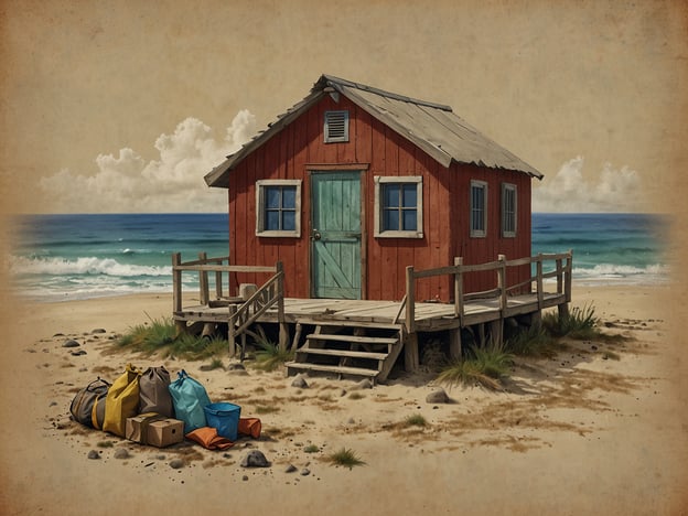 Auf dem Bild ist ein kleines rotes Haus am Strand zu sehen, umgeben von Natur und Wasser. Direkt neben dem Haus liegen einige Taschen und Gepäckstücke auf dem Sand. Diese Szenerie könnte als Symbol für nachhaltigen Tourismus interpretiert werden, in dem das Haus möglicherweise umweltfreundlich gebaut wurde und die Besucher dazu ermutigt werden, die natürliche Schönheit des Strandes zu schätzen und zu schützen.Umweltschutz ist hier von Bedeutung, da der Erhalt solcher idyllischen Orte wichtig für die Erhaltung der Biodiversität und der Küstenökosysteme ist. Die Verwendung von umweltfreundlichen Materialien und die Förderung von Abfallvermeidung könnten Teil einer nachhaltigen Praxis sein, die zu einem verantwortungsvollen Umgang mit der Natur beiträgt.