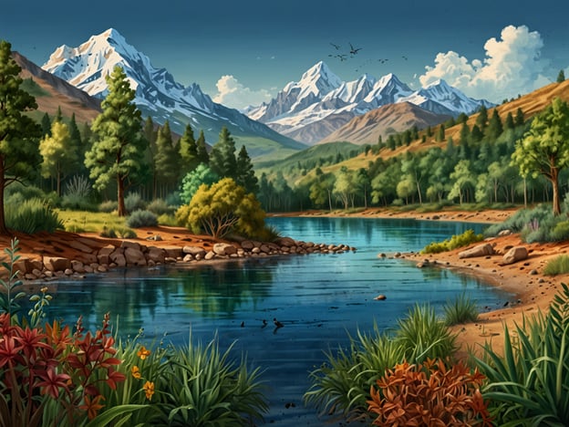 Auf dem Bild ist eine malerische Landschaft zu sehen, die die vielfältige Flora und Fauna eines Nationalparks beschreibt. Der Vordergrund zeigt ein Gewässer, umgeben von üppigem Grün, darunter verschiedene Pflanzenarten und bunte Blumen, die zur Artenvielfalt beitragen. Die Uferregion ist mit Felsen und grünem Gras versehen.Im Hintergrund erheben sich majestätische Berge, deren Spitzen mit Schnee bedeckt sind, und der Himmel ist teilweise bewölkt. Vögel fliegen über die Szene, was auf die Tierwelt hinweist, die hier vorkommen kann. Insgesamt vermittelt das Bild eine harmonische Verbindung zwischen Wasser, Pflanzen und der Tierwelt in der natürlichen Umgebung des Nationalparks.