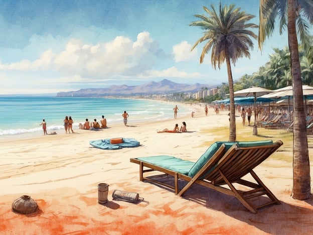 Auf dem Bild ist ein sonniger Strand zu sehen, an dem viele Menschen verschiedene Aktivitäten genießen. Einige Personen stehen im Wasser und scheinen zu schwimmen oder zu planschen. Andere Menschen sitzen oder liegen auf Liegen und entspannen sich. Es gibt auch Gruppen von Leuten, die sich unterhalten oder in der Sonne sitzen. Ein paar sonnige Schirme sind aufgestellt, und der Himmel ist klar mit ein paar Wolken, was die perfekte Kulisse für einen entspannten Tag am Strand schafft.