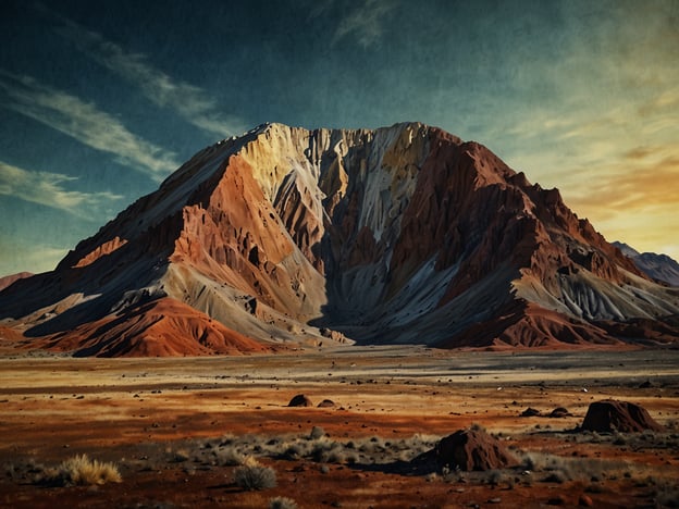 Auf dem Bild ist eine beeindruckende, großflächige Gebirgslandschaft zu sehen, die von erdigen Rottönen und grauen Felsformationen geprägt ist. Der Himmel ist klar und strahlt in sanften Farben, was die Szenerie zusätzlich dramatisch wirken lässt.Kraterbesuch: Ein unvergessliches Erlebnis. Diese Landschaft könnte ein faszinierender Ort sein, um die geologischen Formationen und die majestätische Natur hautnah zu erleben. Solche besuchten Krater bieten oft Einblicke in die Erdgeschichte und das Wesen unseres Planeten.
