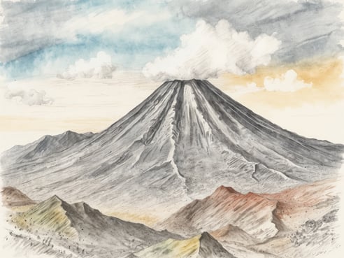 Ein majestätischer Vulkan mit einer markanten Kante und einem natürlichen Loch im Gipfel erhebt sich über eine abwechslungsreiche Landschaft. Der Vulkan ist von grauen und braunen Tönen geprägt, die seine rauen Oberflächen betonen. Der Himmel ist teilweise bewölkt, mit sanften Blautönen, die den Hintergrund dominieren. Im Vordergrund sind sanfte Hügel zu sehen, die in verschiedenen Erdtönen schattiert sind und den Eindruck einer weitläufigen, natürlichen Umgebung vermitteln. Die Szene strahlt eine ruhige, aber beeindruckende Schönheit aus.
