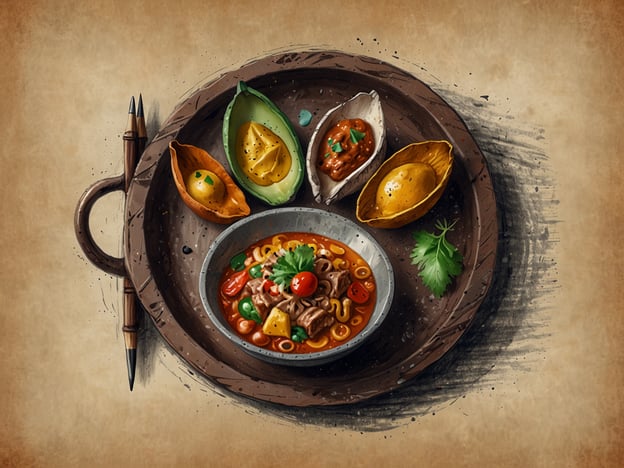 Auf dem Bild ist ein rustikales Holztablett mit verschiedenen Essenskomponenten zu sehen. In der Mitte befindet sich eine Schüssel mit einer herzhaften Suppe, die Nudeln und Gemüse enthält, sowie nach einer kräftigen Einlage aussieht. Rund um die Schüssel liegen verschiedene kleine Portionen, darunter Stücke von Avocado und einige gefüllte Schalen, die an traditionelle mexikanische Speisen erinnern könnten.In vielen Kulturen, insbesondere in Mexiko, sind Gerichte wie diese Teil der sozialen Tradition, Essen gemeinsam zu genießen. Außerdem finden sich Avocados und Tortillas oft auf den Tischen, da sie als Grundnahrungsmittel gelten. Man kann sich vorstellen, dass solch ein Gericht nicht nur den Gaumen erfreut, sondern auch Gespräche und gemeinsame Momente in geselliger Runde anregt.