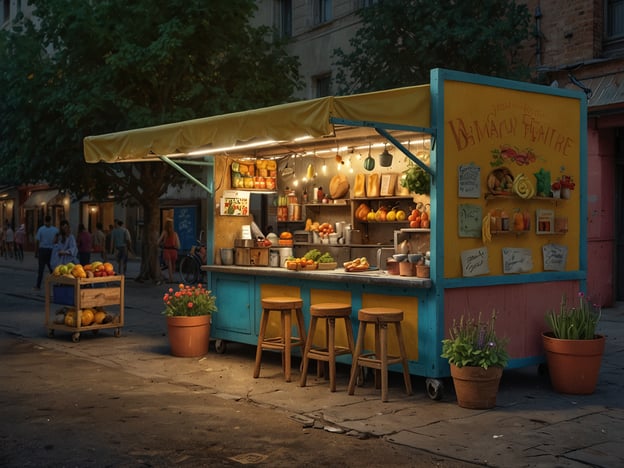 Auf dem Bild ist ein charmantes, buntes Marktstand zu sehen, das eine Fülle an frischen, saisonalen Zutaten anbietet. Die Atmosphäre strahlt kreative Lebendigkeit aus, ideal für kulinarische Entdeckungen im Hippie-Stil. Hier findest du liebevoll angerichtete Früchte und Gemüse, die zu einem gesunden Lebensstil inspirieren.Die Auswahl reicht von saftigen Zitrusfrüchten bis hin zu knusprigem Gemüse, während die rustikalen Holzregale und die blühenden Pflanzen ein Gefühl von Naturverbundenheit vermitteln. Die sanften Lichter, die den Stand erhellen, schaffen eine einladende Stimmung, perfekt für eine gesellige Zusammenkunft, wo man mit Freunden neue Rezepte austauschen und frische Smoothies oder kreative Salate zubereiten kann. Ein wahrhaftiger Ort der Inspiration für alle, die die Freude an gesunder Ernährung und gemeinschaftlichem Genuss schätzen!