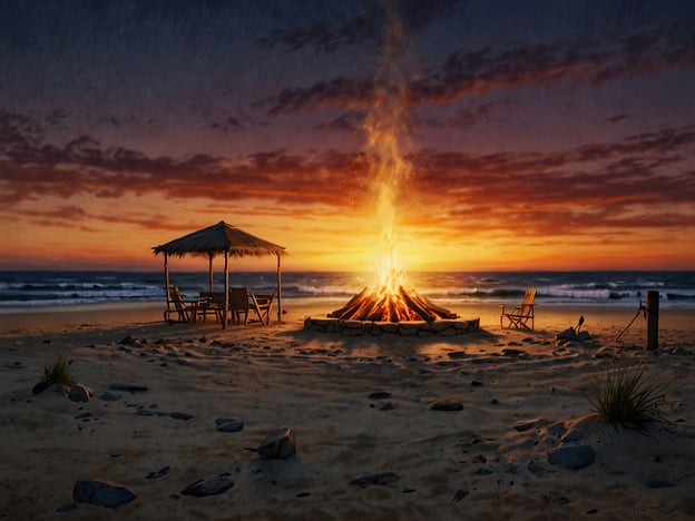 Auf dem Bild ist ein wunderschöner Strand bei Sonnenuntergang zu sehen. In der Mitte brennt ein Lagerfeuer, das eine gemütliche Atmosphäre schafft. Um das Feuer herum könnten die Menschen sitzen, um Geschichten zu erzählen oder Marshmallows zu rösten.Im Hintergrund gibt es eine überdachte Sitzecke mit Möbeln, die ideal sind, um sich zu entspannen und die Aussicht auf den Ozean zu genießen. Die sanften Wellen des Wassers laden dazu ein, zu schwimmen oder am Ufer spazieren zu gehen. Solch eine Umgebung ist perfekt für gesellige Abende mit Freunden oder Familie, um die Natur zu genießen und die wunderschöne Kulisse zu erleben.