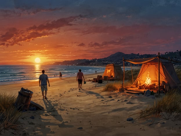 Auf dem Bild ist eine malerische Strandlandschaft bei Sonnenuntergang zu sehen. Zwei Personen gehen entlang des Strandes, während in der Nähe ein Lagerfeuer in einem Zelt brennt. Es scheint ein entspannender Tag am Strand zu sein, perfekt für Aktivitäten wie:
1. **Beobachten des Sonnenuntergangs**: Die bunten Farben am Himmel laden dazu ein, den Abend zu genießen.
2. **Lagerfeuer-Runde**: Gemeinsames Sitzen am Feuer, Geschichten erzählen oder einfach die Ruhe genießen.
3. **Spaziergänge am Strand**: Die frische Meeresluft schnappen und die Wellen rauschen hören.
4. **Geselligkeit mit Freunden**: Vielleicht bei Snacks und Getränken den Tag ausklingen lassen.
5. **Sternenhimmel beobachten**: Nachdem die Sonne untergegangen ist, könnte man in den Abendhimmel schauen und die Sterne zählen.
Diese Aktivitäten schaffen eine entspannte und gemütliche Atmosphäre, um den Tag harmonisch zu beenden.