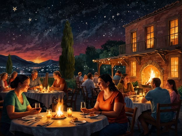 Auf dem Bild ist eine wunderschöne kulinarische Szene während der Abendstunden zu sehen. Menschen sitzen an Tischen im Freien, umgeben von einer malerischen Landschaft und einem sternenübersäten Himmel. Die Tische sind liebevoll mit Kerzenlicht und gläsernen Getränken dekoriert, was zu einer gemütlichen Atmosphäre beiträgt.
Im Hintergrund brennt ein offenes Feuer, das nicht nur Licht spendet, sondern auch eine einladende Wärme erzeugt. Die Gäste scheinen sich angeregt zu unterhalten und genießen ihre Speisen in guter Gesellschaft. Die Kombination aus dem romantischen Ambiente, der natürlichen Schönheit der Dämmerung und den köstlichen kulinarischen Erlebnissen sorgt für ein unvergessliches Abendessen unter dem Sternenhimmel.