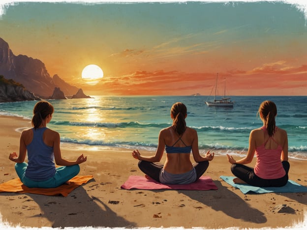 Auf dem Bild sind drei Personen zu sehen, die am Strand im Lotussitz meditieren. Der Sonnenuntergang sorgt für eine entspannende Atmosphäre, während das sanfte Rauschen der Wellen im Hintergrund zur Ruhe beiträgt. Diese Aktivität fördert Entspannung und Achtsamkeit.Für Abenteuer könnte man sich vorstellen, nach der Meditation eine Bootstour zu unternehmen oder Wassersportarten wie Kajakfahren zu genießen. Solche Aktivitäten ermöglichen es, die Natur aktiv zu erkunden und gleichzeitig aufregende Erlebnisse zu sammeln.