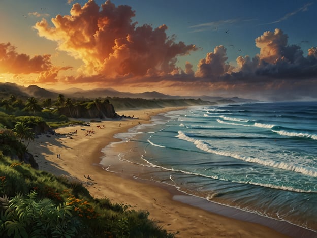 Auf dem Bild ist eine malerische Küstenlandschaft zu sehen, mit einem schönen Sandstrand, Wellen, die sanft an das Ufer schlagen, und beeindruckenden Wolkenformationen im Abendlicht. Die Szene vermittelt ein Gefühl der Ruhe und lädt zum Entspannen ein.Die besten Zeiten für einen Besuch an einem solchen Ort sind in der Regel früh am Morgen oder am späten Nachmittag, um die wunderschöne Stimmung bei Sonnenauf- oder -untergang zu genießen. Diese Zeiten bieten oft die angenehmsten Temperaturen und eine atemberaubende Lichtstimmung für Fotos und Naturerlebnisse.