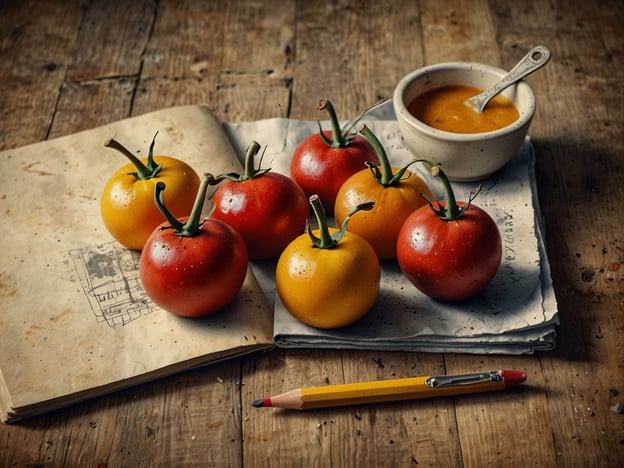 Auf dem Bild sind mehrere frische Tomaten in verschiedenen Farben zu sehen, darunter rote und gelbe. Neben den Tomaten steht eine kleine Schüssel mit einer Sauce. Die Anordnung der Tomaten und die rustic Atmosphäre deuten auf eine kulinarische Szenerie hin.Kulinarische Highlights, die man mit solchen Zutaten zubereiten könnte, sind zum Beispiel:- **Tomatensalat**: Mit frischen Kräutern, Olivenöl und Balsamico.- **Pasta mit Tomatensauce**: Eine einfache, aber köstliche Kombination aus frischen Tomaten, Knoblauch und Gewürzen.- **Bruschetta**: Knuspriges Brot mit einer Mischung aus gewürfelten Tomaten, Basilikum und Knoblauch.- **Suppe**: Eine leckere Tomatensuppe, die gut gewürzt ist und eventuell mit frischem Brot serviert wird.Die Verwendung von frischen, saisonalen Zutaten wie diesen Tomaten verleiht den Gerichten besonderen Geschmack und Qualität.