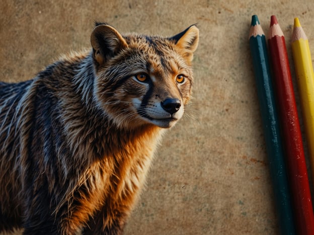 Auf dem Bild ist ein Tier zu sehen, das an einen Fuchs erinnert. Tiere wie dieses sind Teil unserer natürlichen Biodiversität und spielen eine wichtige Rolle im Ökosystem. Der Schutz solcher Arten ist entscheidend für die Erhaltung eines gesunden Lebensraums.Neben dem Tier sind auch drei Farbigen Stifte zu sehen. Dies könnte darauf hinweisen, dass Kunst und Kreativität genutzt werden können, um das Bewusstsein für Naturschutz und Nachhaltigkeit zu fördern. Durch kreative Projekte, die natürliche Themen behandeln, können Menschen sensibilisiert werden, um sich aktiv für den Schutz der Umwelt einzusetzen.
