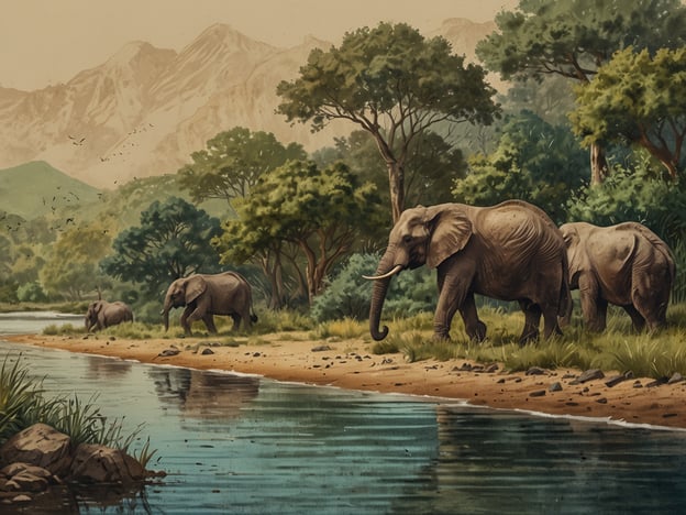 Auf dem Bild sind mehrere Elefanten zu sehen, die an einem ruhigen Gewässer in einer grünen Landschaft mit Bergen im Hintergrund grasen.Die besten Spots zur Tierbeobachtung könnten Orte sein, an denen solche Szenen häufig vorkommen, wie Nationalparks in Afrika, z.B. der Krüger Nationalpark in Südafrika oder der Amboseli Nationalpark in Kenia. Diese Gebiete bieten hervorragende Möglichkeiten, Elefanten in ihrem natürlichen Lebensraum zu beobachten, besonders in der Nähe von Wasserstellen.