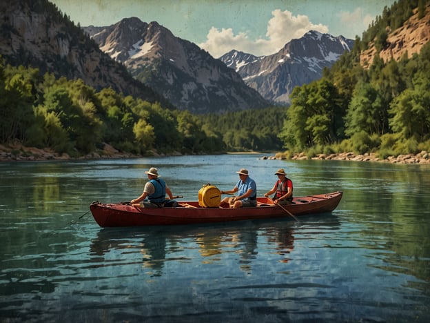Auf dem Bild sind drei Personen in einem Kanu zu sehen, die auf einem ruhigen Fluss paddeln. Rund um sie sind beeindruckende Berge mit schneebedeckten Spitzen und üppiger Vegetation. Diese Szene lädt zu verschiedenen Aktivitäten am Fluss ein, wie zum Beispiel:1. **Kayakfahren**: Ideal, um die Natur zu erkunden.2. **Angeln**: Entspannt am Flussufer sitzen und auf Beifang warten.3. **Wandern**: Entlang der Uferlinien und in den Bergen, um die Landschaft zu genießen.4. **Picknicken**: An schönen Plätzen am Fluss eine Pause einlegen.5. **Fotografieren**: Die malerische Umgebung festhalten.Die Aktivitäten rund um den Fluss bieten eine perfekte Möglichkeit, die Natur zu genießen und sich zu entspannen.