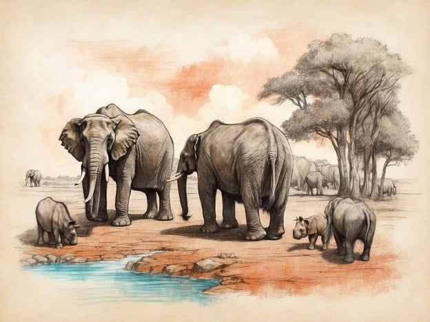 Auf dem Bild sind mehrere Elefanten und ein kleines Nashorn zu sehen, die sich an einem Wasserlauf aufhalten. Diese Darstellung erinnert an die Atmosphäre von Tierparks, die oft als Rückzugsorte für gefährdete Arten dienen.Im Laufe der Geschichte haben Tierparks eine wichtige Rolle beim Schutz und der Erhaltung von Wildtieren gespielt. Viele Einrichtungen haben sich darauf spezialisiert, bedrohte Arten zu züchten und deren Lebensräume zu bewahren. Der Elefant, ein majestätisches Tier, ist oft ein Symbol für Naturschutzprojekte, da seine Populationen in der Wildnis durch Lebensraumverlust und Wilderei stark bedroht sind.Das Bild vermittelt eine friedliche Szene, die den Betrachter an die Schönheit der Natur und die Notwendigkeit von Tierparks erinnert, die sowohl als Bildungsorte als auch als wichtige Faktoren für den Erhalt der Artenvielfalt dienen.