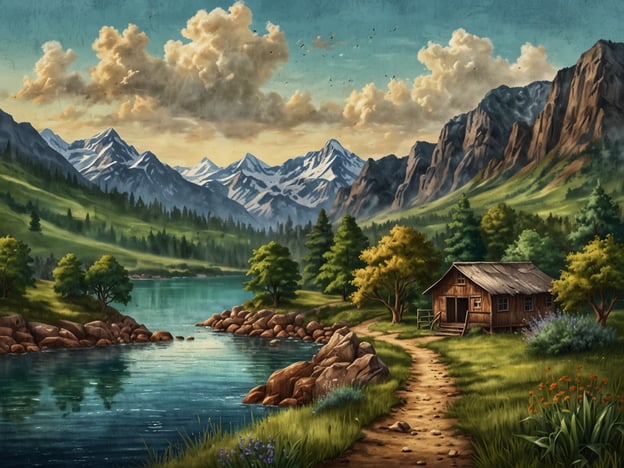 Auf dem Bild ist eine malerische Landschaft zu sehen. Im Vordergrund fließt ein ruhiges Gewässer, umgeben von Bäumen und einigen Steinen. Eine kleine Hütte steht am Ufer, und ein Pfad führt entlang des Wassers. Im Hintergrund erheben sich majestätische Berge mit schneebedeckten Gipfeln. Der Himmel ist teilweise bewölkt, was eine friedliche Stimmung vermittelt.Fazit: Ein Highlight für Naturfreunde.