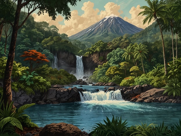 Auf dem Bild ist eine malerische Landschaft zu sehen, die von üppiger Vegetation und einem majestätischen Vulkan geprägt ist, was an den Tenorio Vulkan Nationalpark erinnert. Der Vulkan im Hintergrund, möglicherweise der Tenorio selbst, hebt sich mit seinem schneebedeckten Gipfel von der grünen Umgebung ab. Vorne fließt ein klarer Wasserfall in einen stillen See, umgeben von üppigen Pflanzen und Bäumen, die die Vielfalt der tropischen Flora des Parks widerspiegeln.Der Tenorio Vulkan Nationalpark ist bekannt für seine beeindruckende Natur, darunter heiße Quellen, Wanderwege und vielfältige Tier- und Pflanzenarten. Die Region ist ein beliebtes Ziel für Naturliebhaber, die die Schönheit der tropischen Landschaft genießen möchten. Der Park bietet zudem viele Möglichkeiten für Aktivitäten wie Wandern und Vogelbeobachtung.