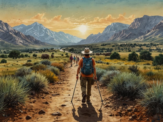 Auf dem Bild ist eine malerische Landschaft zu sehen, in der ein Wanderer auf einem Weg durch die Natur geht. Er wird von einer Gruppe weiterer Wanderer begleitet, und im Hintergrund sieht man majestätische Berge und Tiere, die auf der Wiese grasen.Aktivitäten für Entdecker könnten Folgendes beinhalten:1. **Wanderung**: Erkunde die vielfältige Flora und Fauna entlang des Wanderweges.2. **Naturbeobachtung**: Achte auf die Tiere in der Umgebung und halte Ausschau nach interessanten Vogelarten.3. **Fotografie**: Halte die atemberaubenden Landschaften und Tierbeobachtungen fest.4. **Studium der Geologie**: Untersuche die verschiedenen Gesteinsarten und deren Formen in der Umgebung.5. **Sternenhimmel beobachten**: Bei Nacht kann man die Sterne und eventuell viele versteckte Tiere in der Dunkelheit beobachten.Das Bild inspiriert zu Erkundungen und Abenteuern in der Natur!
