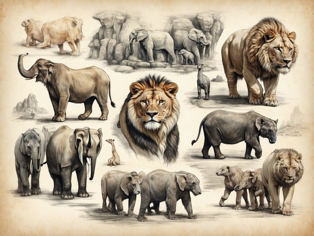 Auf dem Bild sind verschiedene Tierarten, die man in einem Tierpark finden kann. Es sind folgende Tiere abgebildet:- Löwen- Elefanten- Giraffen- Dromedare- Lejonjunge- verschiedene Elefanten in unterschiedlichen GrößenDie Darstellung zeigt eine Vielfalt von Tieren, die oft in zoologischen Gärten zu sehen sind.