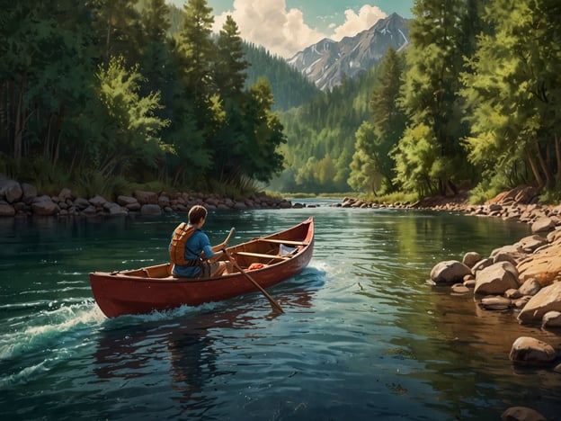 Auf dem Bild ist ein Mensch zu sehen, der in einem Kanu auf einem ruhigen Fluss paddelt, umgeben von einer malerischen Landschaft mit Bergen und viel grüner Vegetation.Im Kontext der Nachhaltigkeit im Wildwasser-Tourismus ist es wichtig, solche Szenen zu fördern, die umweltfreundliche Freizeitaktivitäten darstellen. Der sanfte Wildwasser-Tourismus kann helfen, die Natur zu erleben, ohne sie zu schädigen. Dies umfasst den Einsatz von umweltfreundlichen Booten, das Einhalten von Schutzgebieten und die Förderung der Sensibilisierung für die lokale Flora und Fauna. Durch verantwortungsbewusste Praktiken können Touristen die natürliche Schönheit bewahren und gleichzeitig eine positive wirtschaftliche Auswirkung auf die Gemeinden haben, die von diesem Tourismus abhängig sind.