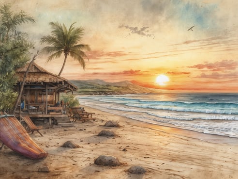 Ein malerischer Strand bei Playa Popoyo, wo der Anblick des Sonnenuntergangs am Horizont die Wolken mit warmen Farben taucht. Im Vordergrund steht eine rustikale Hütte mit einem überdachten Bereich, in dem einige Liegestühle und ein Surfbrett liegen. Die sanften Wellen rollen an den goldenen Sandstrand, während im Hintergrund grüne Hügel und Palmen das Bild abrunden. Eine friedliche Atmosphäre, die die Schönheit eines Weltklasse-Surfspots an der Pazifikküste beschreibt.
