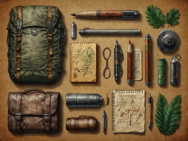 Auf dem Bild sind verschiedene Gegenstände zu sehen, die für einen Dschungel-Trek nützlich sein könnten. Hier sind einige Tipps für deinen Dschungel-Trek:1. **Rucksack**: Ein robuster, wasserdichter Rucksack ist essentiell, um deine Ausrüstung sicher zu transportieren.2. **Werkzeuge**: Achte darauf, nützliche Tools dabei zu haben, wie ein multifunktionales Werkzeug oder eine Taschenlampe, um auf mögliche Herausforderungen vorbereitet zu sein.3. **Notizbuch und Stifte**: Halte Informationen und Beobachtungen fest. Dies kann dir helfen, den Weg zu finden oder wichtige Details über die Umgebung zu dokumentieren.4. **Karten und Skizzen**: Eine Karte des Gebiets und Skizzen von Pflanzen oder Tieren können dir helfen, dich besser zurechtzufinden und potenziell gefährliche Arten zu identifizieren.5. **Pflanzen**: Die grünen Blätter auf dem Bild deuten darauf hin, dass du Kenntnisse über essbare und giftige Pflanzen haben solltest. Informiere dich vorher gut!6. **Erste-Hilfe-Ausrüstung**: Eine kleine medizinische Ausrüstung kann im Ernstfall lebensrettend sein.Mit der richtigen Ausrüstung und Vorbereitung bist du bestens für dein Abenteuer im Dschungel gerüstet!