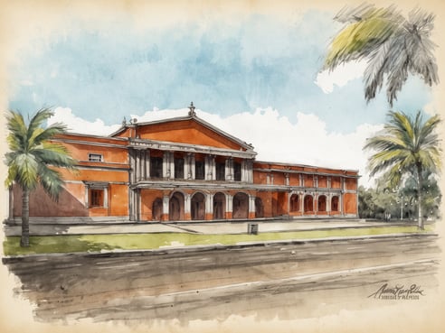 Das Bild zeigt eine farbenfrohe Aquarelldarstellung des Teatro Nacional Rubén Darío in Managua. Das beeindruckende Gebäude hat eine orangefarbene Fassade und große Säulen im Vordergrund. Um das Theater sind grüne Palmen zu sehen, die zur tropischen Umgebung beitragen. Der Himmel ist hellblau mit einigen Wolken. Das Bild vermittelt eine Atmosphäre kultureller Bedeutung und ist ein schöner Blickfang auf das Haupttheater.