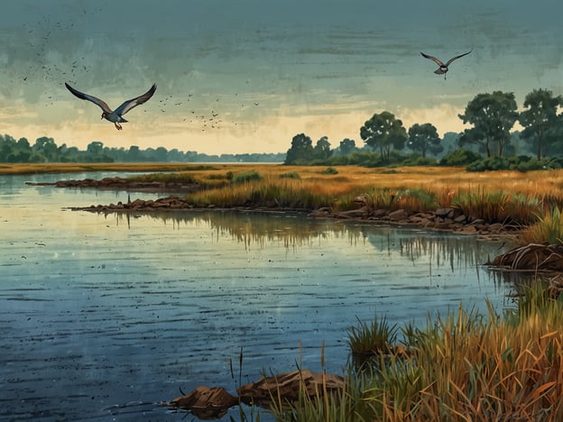Auf dem Bild ist eine ruhige Wasserlandschaft mit einem See oder Fluss zu sehen, umgeben von üppigem Grün und hohem Gras. Zwei Vögel fliegen über das Wasser, was auf eine aktive Tierwelt hindeutet.Für Vogelbeobachtungen sind solche Landschaften ideal, insbesondere in Gebieten wie:1. **Nationalparks** - Viele Nationalparks bieten geschützte Lebensräume für Vögel.2. **Feuchtgebiete** - Diese sind wichtig für viele Arten, die hier nisten oder rasten.3. **Uferregionen** - Flüsse und Seen sind oft Hotspots für Wasservögel und Zugvögel.4. **Naturschutzgebiete** - Diese Orte sind speziell für den Schutz von Vögeln und ihrer Lebensräume eingerichtet.Eine solche Umgebung wie auf dem Bild ist perfekt, um verschiedene Vogelarten zu beobachten.