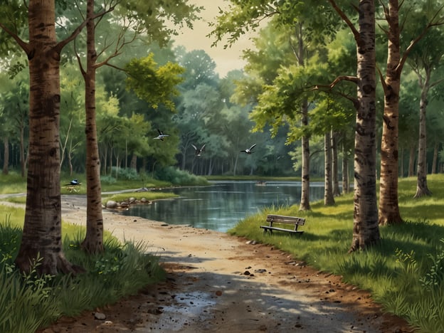Auf dem Bild ist eine idyllische Parklandschaft zu sehen, die von hohen Bäumen umgeben ist. In der Mitte verläuft ein ruhiger Weg entlang eines kleinen Gewässers. An diesem Gewässer sind einige Steine und viel grüne Vegetation zu sehen. Ein bänklein lädt zum Verweilen ein. In der Luft fliegen verschiedene Vögel, was eine lebendige Atmosphäre schafft.Ein unvergessliches Erlebnis: Vogelbeobachtung im Park. Hier kann man die Schönheit der Natur genießen und die Vielfalt der Vögel bewundern, die zwischen den Bäumen und am Wasser umherfliegen.