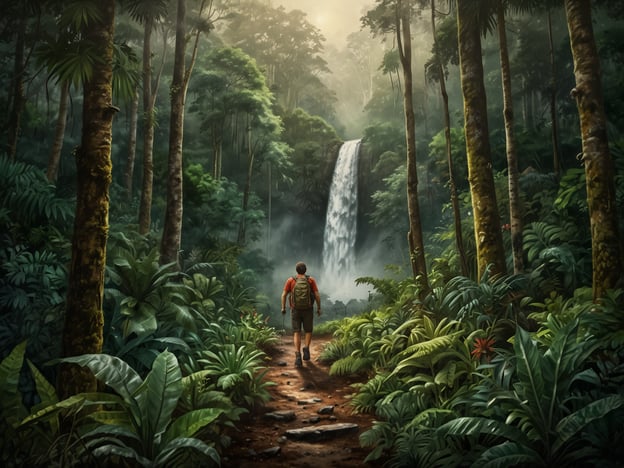 Auf dem Bild ist eine malerische Szenerie im Los Quetzales Nationalpark zu sehen. Ein Wanderer steht auf einem Pfad, der durch einen üppigen, grünen Wald führt. Im Hintergrund ist ein Wasserfall sichtbar, der in einen kleinen Teich stürzt. Diese Umgebung bietet viele Aktivitäten, wie zum Beispiel:1. **Wandern**: Es gibt zahlreiche Wanderwege, die durch die dichte Vegetation führen und spektakuläre Ausblicke ermöglichen.2. **Vogelbeobachtung**: Der Park ist bekannt für seine vielfältige Vogelwelt, einschließlich des Quetzal.3. **Fotografie**: Die atemberaubenden Landschaften und Wasserfälle sind perfekt für Naturfotografen.4. **Naturerkundungen**: Besucher können die einzigartige Flora und Fauna entdecken, die in diesem geschützten Gebiet lebt.Die Szenerie lädt dazu ein, die Schönheit der Natur zu genießen und die Ruhe des Parks auf sich wirken zu lassen.
