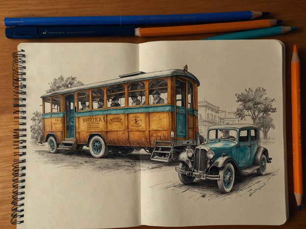 Auf dem Bild sieht man eine Zeichnung eines alten Busses und eines klassischen Autos. Der Bus hat eine orange-braune Farbe und erinnert an die Transportmittel früherer Jahrzehnte. Es sind einige Personen im Bus zu sehen, die aufmerksam nach draußen schauen. Das Auto daneben ist ebenfalls im nostalgischen Stil gehalten, mit einer blauen und schwarzen Farbe.**Praktische Informationen für deinen Besuch:**- Wenn du eine ähnliche historische Stadt besuchen möchtest, suche nach Museen oder Ausstellungen, die sich mit dem Transportwesen der Vergangenheit befassen.- Achte darauf, ob es Führungen gibt, die dir mehr über die Geschichte dieser Fahrzeuge vermitteln.- Überlege, ob spezielle Veranstaltungen oder Oldtimer-Rallyes stattfinden, um ähnliche Fahrzeuge in Aktion zu sehen.- Vergiss nicht, deine Kamera mitzunehmen, um schöne Erinnerungen festzuhalten.