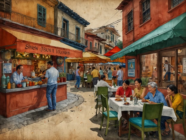 Auf dem Bild ist eine lebendige Marktszene zu sehen. Man erkennt mehrere Tische mit Personen, die miteinander essen und lachen, sowie einen Essensstand, an dem jemand bedient wird. Die Atmosphäre wirkt freundlich und einladend.### Tipps für Deinen Besuch:1. **Probieren von Lokalem Essen**: Stelle sicher, dass du die Spezialitäten des Essensstands probierst. Gerichte, die frisch zubereitet werden, sind oft besonders lecker.2. **Interagieren mit den Einheimischen**: Nutze die Gelegenheit, um mit den Leuten am Tisch oder am Stand ins Gespräch zu kommen. Dadurch kannst du viel über die lokale Kultur lernen.3. **Entspanntes Ambiente genießen**: Nimm dir Zeit, um die Atmosphäre wirklich aufzusaugen. Setz dich vielleicht einen Moment einfach hin und beobachte das Treiben.4. **Kameras und Handys nutzen**: Vergiss nicht, einige Fotos zu machen, um die Erinnerungen festzuhalten – jedoch respektiere die Privatsphäre der anderen.5. **Zeit für Entdeckung**: Schau dich auch in den angrenzenden Geschäften um. Oft gibt es interessante Souvenirs oder lokale Produkte, die du mitnehmen kannst.