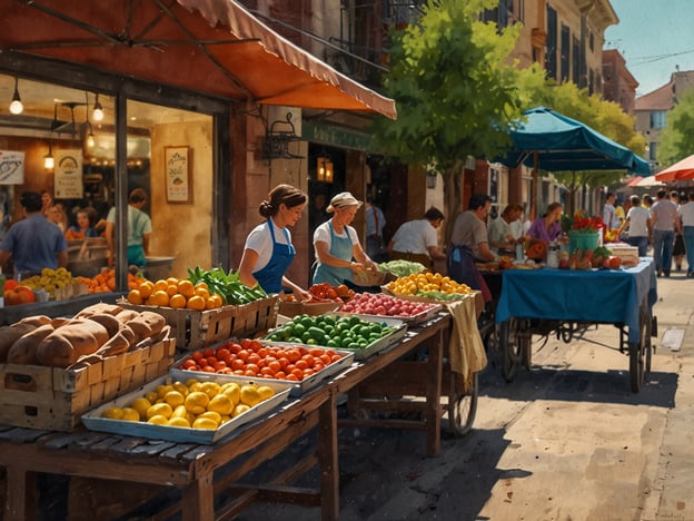 Auf dem Bild ist ein lebhafter Markt zu sehen, der mit verschiedenen Obst- und Gemüsekarren ausgestattet ist. Verkäuferinnen sind beschäftigt, frische Produkte wie Zitrusfrüchte, Tomaten und Kartoffeln anzubieten. Solche Märkte sind typischer Bestandteil lokaler Kultur und Gastronomie in vielen Regionen, besonders in Südeuropa.Hier verbinden sich Gemeinschaftsleben und kulinarische Traditionen. Die frischen Zutaten vom Markt sind oft die Basis für regionale Spezialitäten wie Ratatouille, Olivenölen oder fruchtige Desserts. Solche Märkte bieten den Menschen auch die Möglichkeit, lokale Produkte zu kaufen und sich mit den Produzenten auszutauschen, was das Gemeinschaftsgefühl stärkt.