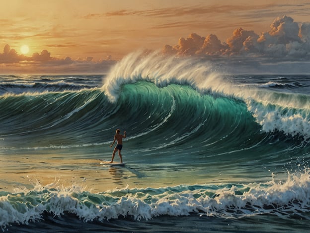 Auf dem Bild ist ein Surfer zu sehen, der auf einer großen Welle reitet. Die Szenerie zeigt einen wunderschönen Sonnenuntergang mit sanften Wolken und lebendigen Farben.Wenn du die besten Surfspots am Coco Strand entdecken möchtest, ist dieser Anblick ein perfektes Beispiel für die aufregenden Möglichkeiten, die dich erwarten, wenn du die Wellen zähmst und die Schönheit der Natur in vollen Zügen genießt.