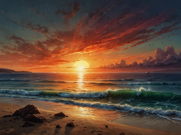 Auf dem Bild ist ein atemberaubender Sonnenuntergang über dem Meer zu sehen. Die Wolken sind in lebhaften Rottönen und Orangetönen gefärbt, während die Sonne kurz davor ist, horizon zu verschwinden. Die Wellen rollen sanft an den Strand, und einige Steine sind im Vordergrund sichtbar.Es erinnert mich stark an meine unvergessliche Erfahrung an Playa Grande, wo ich oft solche spektakulären Sonnenuntergänge erleben durfte. Der Klang der Wellen und die frische Brise machen diesen Moment besonders magisch. Es ist ein Ort, der die Seele beruhigt und einem das Gefühl von Freiheit und Frieden vermittelt.