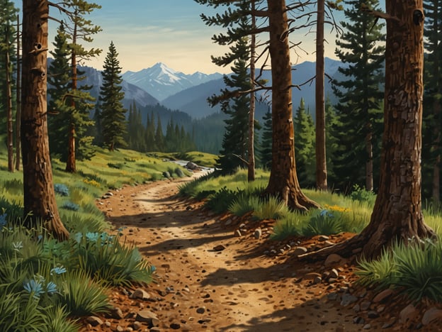 Auf dem Bild ist ein malerischer Wanderweg zu sehen, umgeben von hohen Bäumen und einer schönen Berglandschaft im Hintergrund. Hier sind passende Wanderwege für verschiedene Schwierigkeitsstufen:1. **Leichter Wanderweg**: Ein gut ausgebauter, eben verlaufender Pfad, ideal für Familien mit Kindern und weniger erfahrene Wanderer. Hier kann man die Natur genießen, ohne große Anstrengungen.2. **Mittelschwerer Wanderweg**: Leicht hügelig mit einigen steinigen Abschnitten, der eine moderate Fitness erfordert. Perfekt für Wanderer, die etwas mehr Herausforderung suchen, aber dennoch nicht überfordert werden möchten.3. **Schwerer Wanderweg**: Ein anspruchsvoller Pfad mit steilen Anstiegen und unebenem Gelände. Für erfahrene Wanderer, die eine sportliche Herausforderung und atemberaubende Ausblicke suchen.Jeder dieser Wege könnte den Betrachter dazu einladen, die Schönheit der Natur zu erkunden.