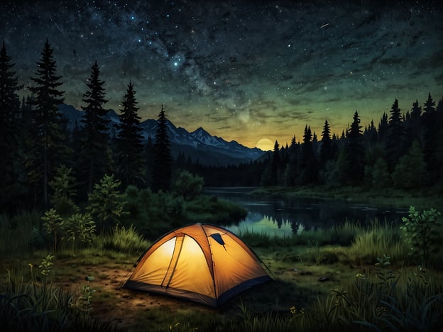 Auf dem Bild ist ein Zelt in einer ruhigen Naturkulisse zu sehen, umgeben von hohen Bäumen und einem glitzernden Gewässer. Die Aussicht zeigt einen klaren Nachthimmel mit vielen Sternen und einem schönen Sonnenuntergang.Aktivitäten für Naturfreunde könnten Folgendes umfassen:1. **Zelten**: Eine Übernachtung im Zelt für ein persönliches Naturerlebnis.2. **Wandern**: Auf den umliegenden Wegen erkunden und die Landschaft genießen.3. **Sternbeobachtung**: Die klaren Nachthimmel nutzen, um Sterne und vielleicht auch Sternschnuppen zu beobachten.4. **Fotografie**: Die Schönheit der Naturfotografie festhalten, besonders bei Sonnenauf- und -untergang.5. **Angeln**: Entspannende Stunden am Wasser verbringen und vielleicht den ein oder anderen Fisch fangen.Diese Aktivitäten ermöglichen es, die Natur in vollen Zügen zu genießen und sich vom Alltagsstress zu erholen.