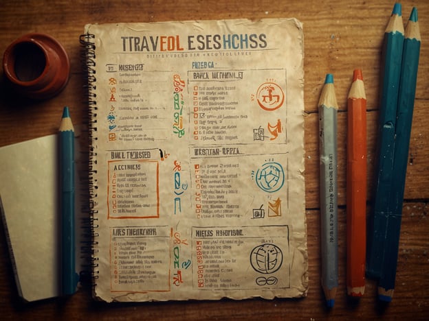 Auf dem Bild ist ein Notizbuch zu sehen, das anscheinend eine Art Reiseführer oder Reisepodcast-Notizen enthält. Es ist ein handschriftliches Layout mit verschiedenen Abschnitten und Symbolen, die Aktivitäten oder Orte auflisten. Neben dem Notizbuch liegen einige Buntstifte und ein kleiner Block.Hier sind einige praktische Tipps für deinen Aufenthalt:1. **Reisevorbereitung**: Notiere dir im Voraus die wichtigsten Orte, die du besuchen möchtest, und sprich mögliche Unterkünfte an.2. **Planung**: Verwende Symbole oder Farben, um verschiedene Arten von Aktivitäten (z. B. Sehenswürdigkeiten, Restaurants) hervorzuheben.3. **Flexibilität**: Lass Platz für spontane Entdeckungen – manchmal sind die besten Erlebnisse nicht eingeplant.4. **Lokale Informationen**: Informiere dich über lokale Bräuche und Gepflogenheiten, um respektvoll und freundlich aufzutreten.5. **Markiere wichtige Punkte**: Kennzeichne im Notizbuch wichtige Informationen, die du leicht wiederfinden möchtest, wie Öffnungszeiten und Kontaktinformationen.Diese Tipps können dir helfen, deinen Aufenthalt angenehmer und organisierter zu gestalten!