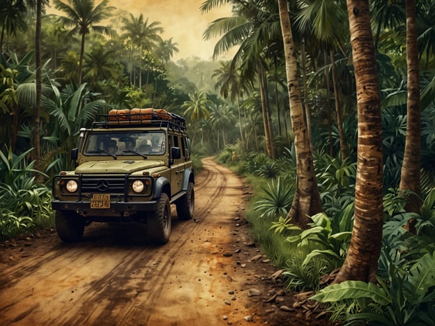 Auf dem Bild ist ein Jeep zu sehen, der auf einem schmalen, staubigen Weg durch einen dichten Dschungel fährt. Umgeben von hohen Palmen und üppigen Pflanzen vermittelt die Szene ein Gefühl von Abenteuer und Erkundung.Wenn wir unsere Dschungel-Expedition planen, sollten wir folgende Punkte beachten:1. **Fahrzeugwahl**: Ein robustes Fahrzeug wie der abgebildete Jeep ist ideal für unwegsames Gelände.2. **Versorgung**: Die Dachgepäckträger zeigen, dass wir genügend Vorräte und Ausrüstung mitnehmen müssen.3. **Navigation**: Es ist wichtig, eine gute Karte und eventuell GPS-Geräte zu nutzen, um uns im dichten Dschungel zu orientieren.4. **Sicherheit**: Bevor wir aufbrechen, sollten wir Sicherheitsvorkehrungen treffen und die Umgebung beobachten.5. **Naturerkundung**: Die Vielfalt an Pflanzen und eventuell Sichtungen von Tieren sollten wir dokumentieren, um unsere Reise zu bereichern.Mit dieser Planung sind wir gut vorbereitet für unser Abenteuer!