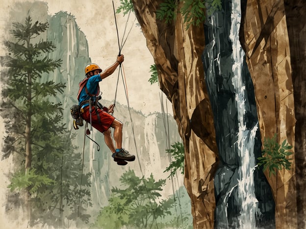 Auf dem Bild ist ein Abenteurer zu sehen, der an einer steilen Felswand klettert. Diese Aktivität könnte ein aufregendes Kletterabenteuer darstellen, das ein Gefühl von Freiheit und Adrenalin vermittelt. Neben dem Klettern bietet die Natur im Hintergrund vielleicht auch weitere Abenteuer wie:1. **Wandern** durch die malerischen Landschaften.2. **Kanu fahren** in nahegelegenen Gewässern.3. **Bergsteigen** auf höheren Gipfeln.4. **Ziplining** über die Bäume für einen spannenden Ausblick.5. **Campen** in der Wildnis für eine unvergessliche Nächte unter den Sternen.Solche Aktivitäten sind perfekt für Abenteuerlustige, die die Natur lieben und neue Herausforderungen suchen!