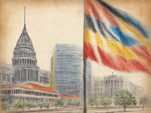 Das Bild zeigt eine Stadtszene mit einem markanten historischen Gebäude, das eine große Kuppel hat. Neben diesem Gebäude stehen moderne Wolkenkratzer. Im Vordergrund weht eine große, farbige Flagge mit horizontalen Streifen in Blau, Schwarz und Rot. Die gesamte Szene ist von Bäumen umgeben, und der Himmel hat einen leicht warmen Farbton, der an den Abend oder Morgen erinnert. Die Darstellung ist skizzenhaft und scheint mit Bleistift und Farben erstellt worden zu sein.