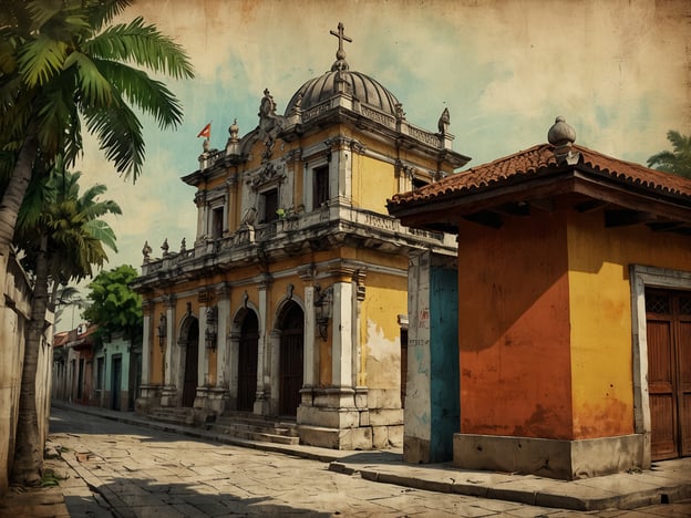 Auf dem Bild sieht man eine historische Gebäudeansicht, die von kolonialem Einfluss geprägt ist. Die Architektur könnte typisch für Altstadtgebäude in San Salvador sein, das eine spannende Geschichte hat.San Salvador, die Hauptstadt El Salvadors, wurde 1525 von Spaniern gegründet und gilt als eine der ältesten Städte in Mittelamerika. Die Stadt hat im Laufe der Jahrhunderte viele Veränderungen erlebt, insbesondere während der Kolonialzeit, die die Entwicklung ihrer Architektur und Kultur stark beeinflusste.Die dargestellten Gebäude könnten Stilelemente vom Barock oder der Neoklassik aufweisen, die während der kolonialen Ära beliebt waren. Die bunten Wände und die venezianischen Fenster sind ebenfalls charakteristisch für die Region und tragen zur charmanten Atmosphäre vieler historischer Viertel bei.San Salvador hat durch Erdbeben und Kriege erhebliche Zerstörungen erlebt, aber viele der ursprünglichen kolonialen Strukturen sind erhalten geblieben und geben Einblicke in die reichhaltige Geschichte der Stadt.