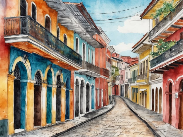 Eine malerische Straßenansicht von Casco Viejo in Panama-Stadt, die farbenfrohe koloniale Architektur zeigt. Die Straßen sind gepflastert und flankiert von historischen Gebäuden mit Balkonen aus Schmiedeeisen und bunten Fassaden in Orange, Blau, Rot und Gelb. Der strahlend blaue Himmel ergänzt die lebendige Szenerie, während die sanfte Kurve der Straße den Blick in die Tiefe des Viertels lenkt.